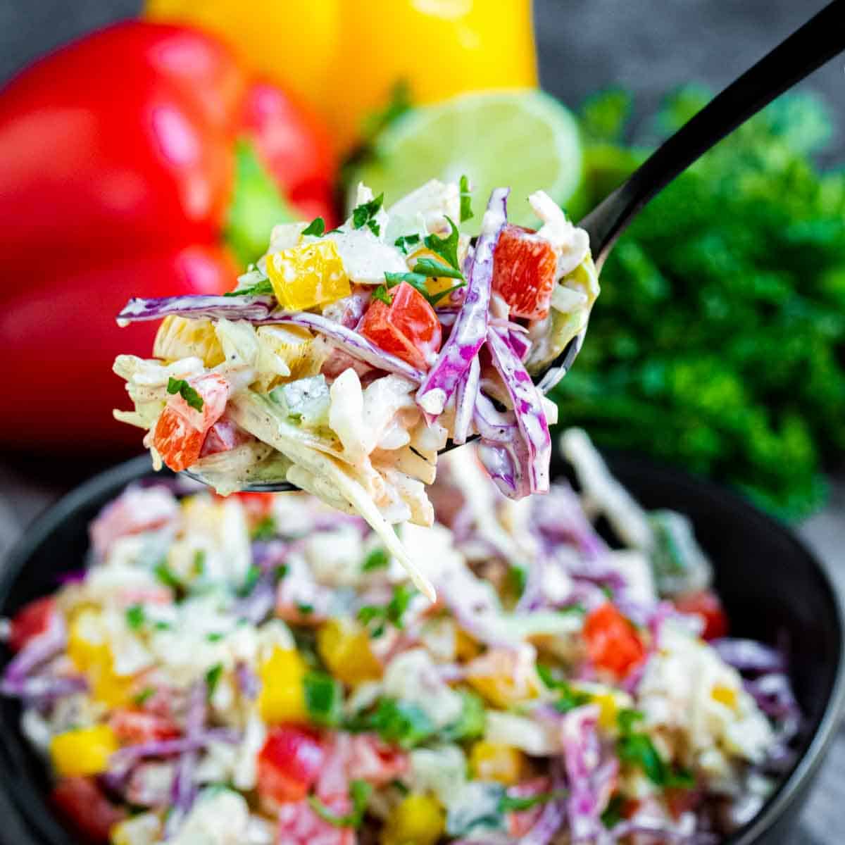 Spicy Jalapeno Coleslaw on a fork