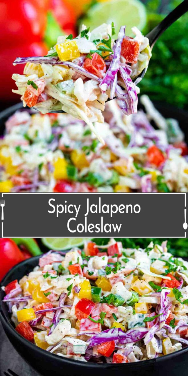 pinterest image of Spicy Jalapeno Coleslaw on a fork and bowl