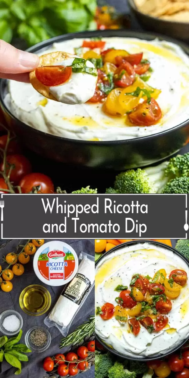 pinterest image of Whipped Ricotta and Tomato Dip and ingredients