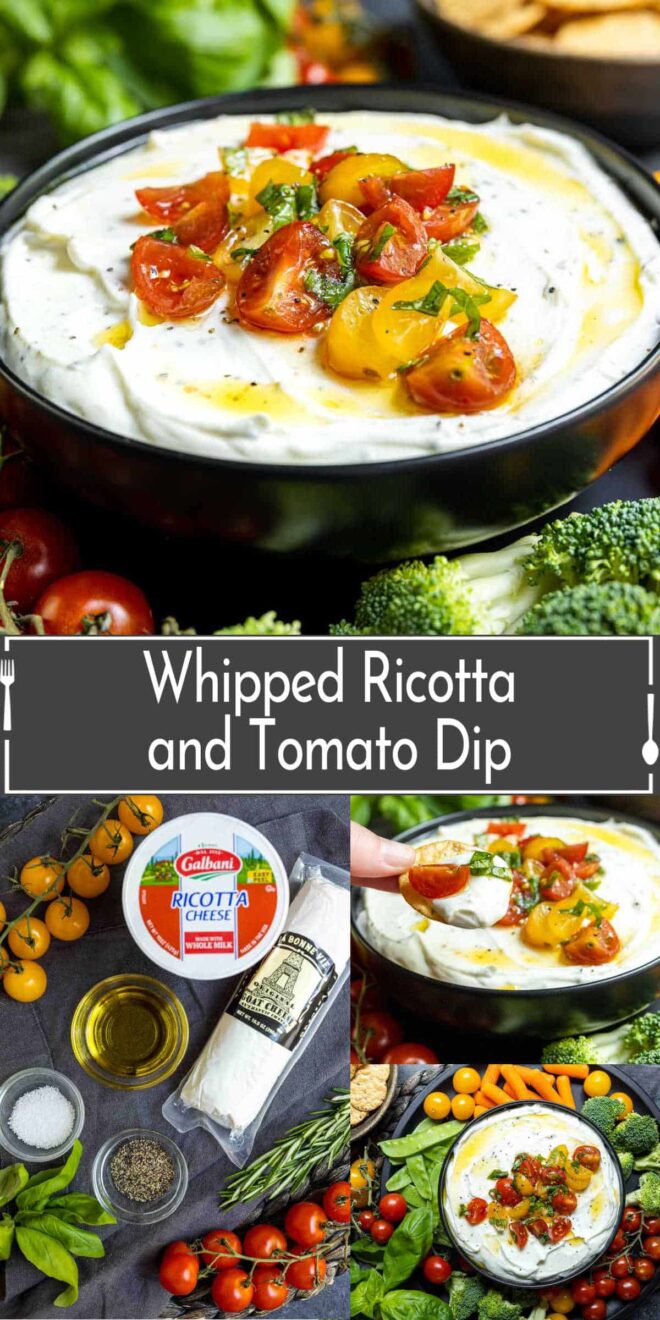 pinterest image of ingredients and Whipped Ricotta and Tomato Dip in a bowl