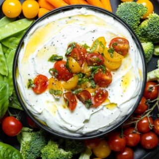 bowl Whipped Ricotta and Tomato Dip with vegetable platter