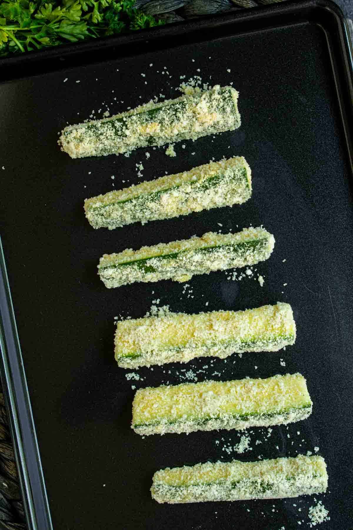 Air Fryer Zucchini breaded on sheet pan