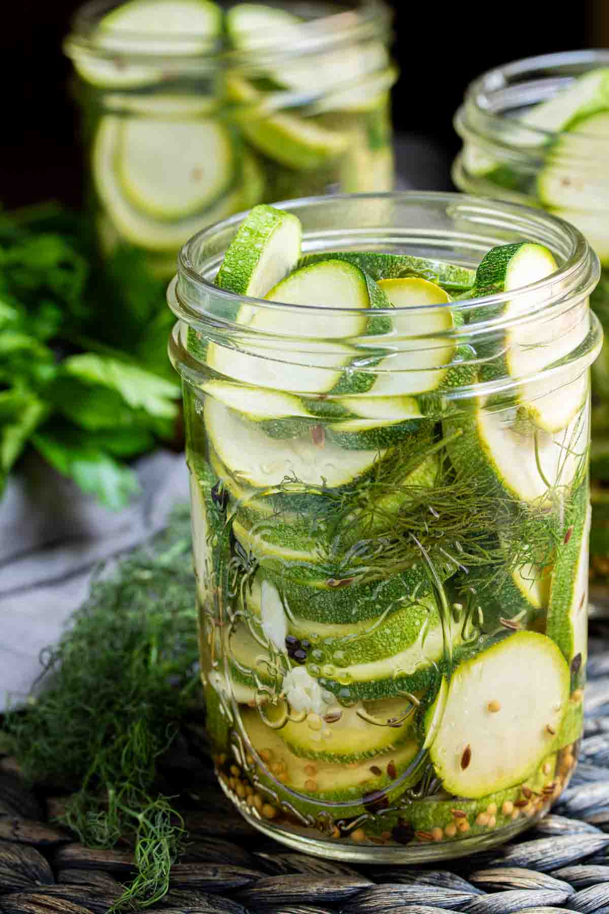 Quick Pickled Zucchini in mason jars with dill