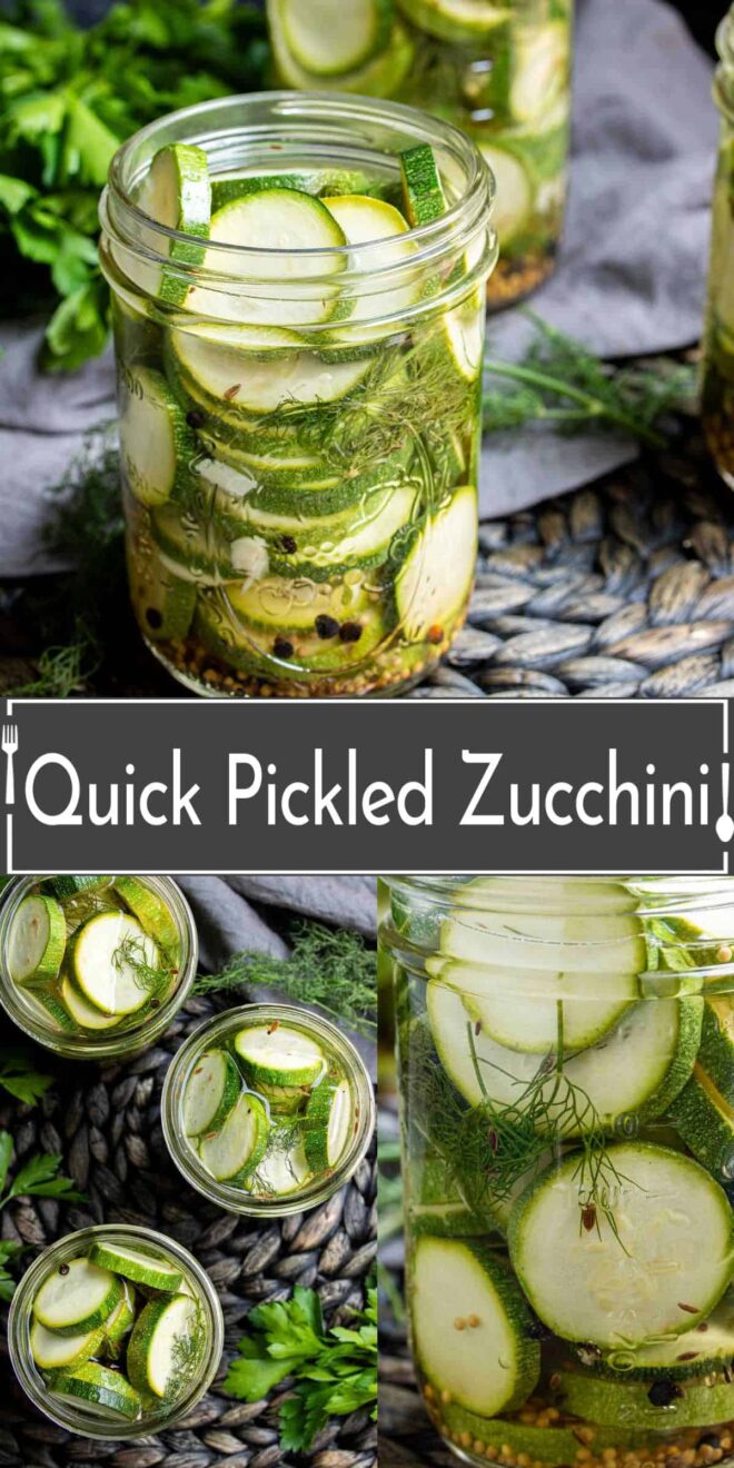 pinterest image of Quick Pickled Zucchini in mason jars