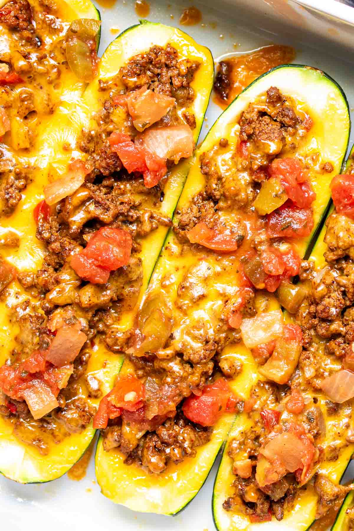 stuffed Taco Zucchini Boats with ground beef, cheese, and Rotel