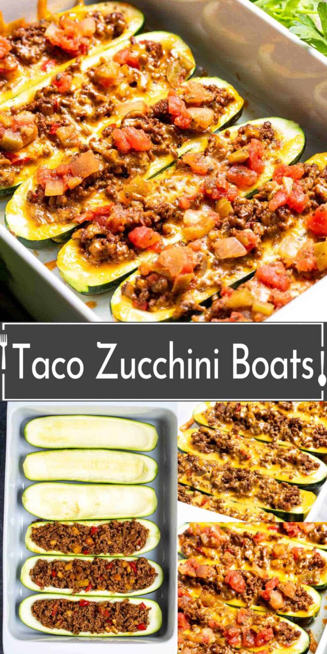 pinterest image of how to make Taco Zucchini Boats with ground beef