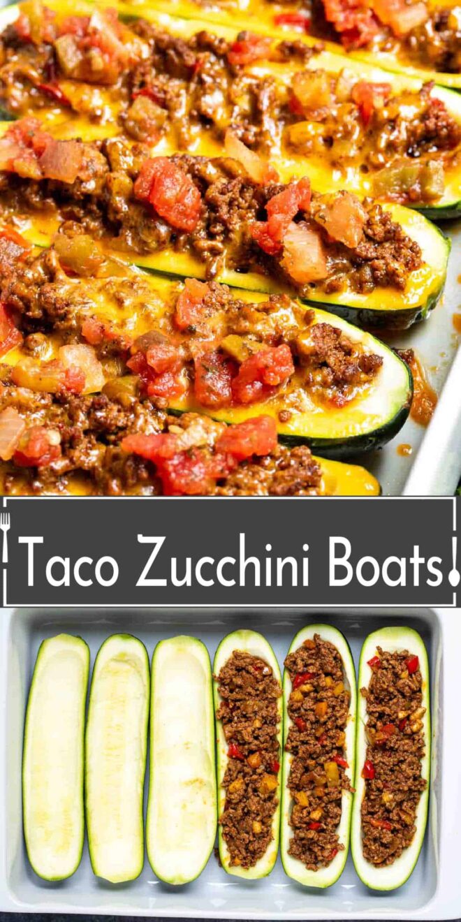 pinterest image of how to make Taco Zucchini Boats stuffed with ground beef, cheese and Rotel