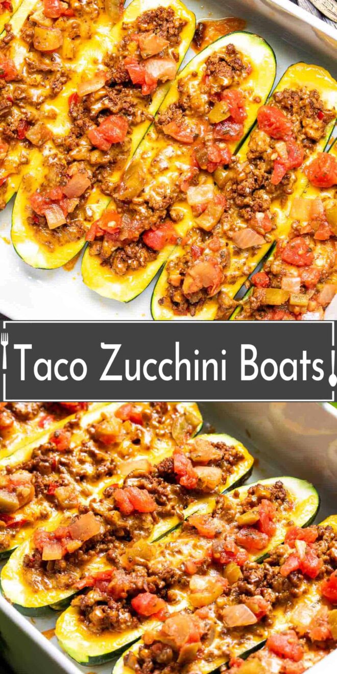 pinterest image of Taco Zucchini Boats stuffed with ground beef, cheese and Rotel