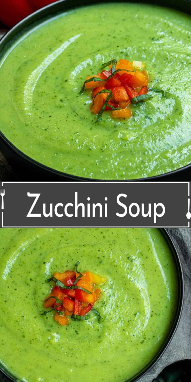 pinterest image of black bowl wih Zucchini Soup