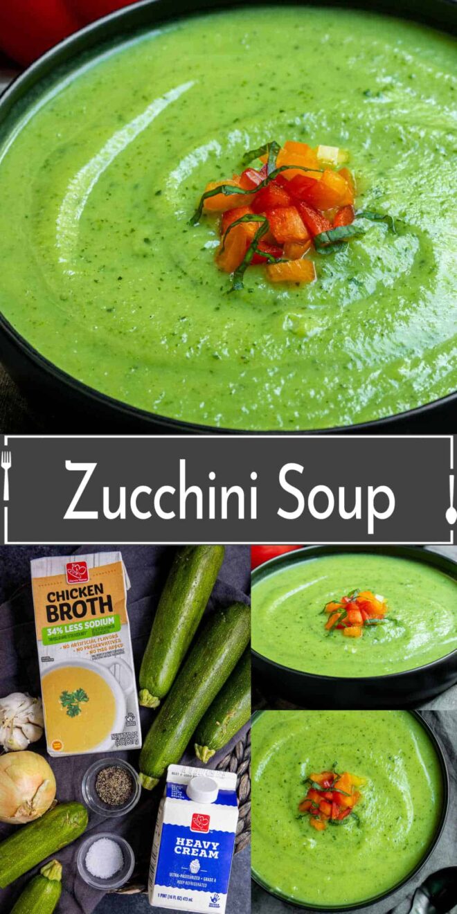 pinterest image of a bowl of Zucchini Soup and ingredients