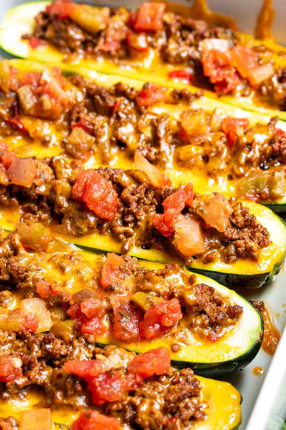 keto Taco Zucchini Boats stuffed with ground beef, cheese and Rotel