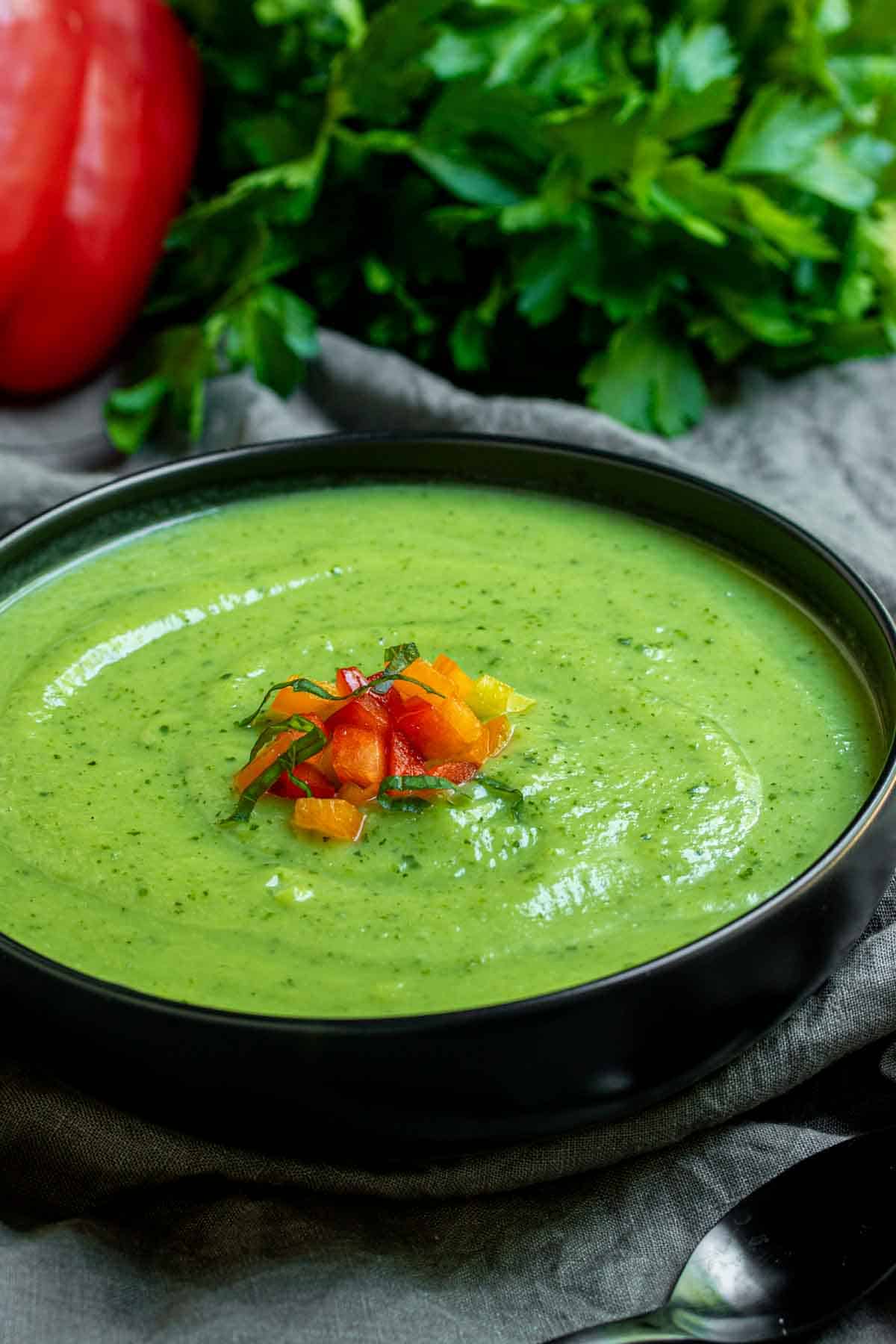 bowl of Zucchini Soup garnished with diced bell peppers