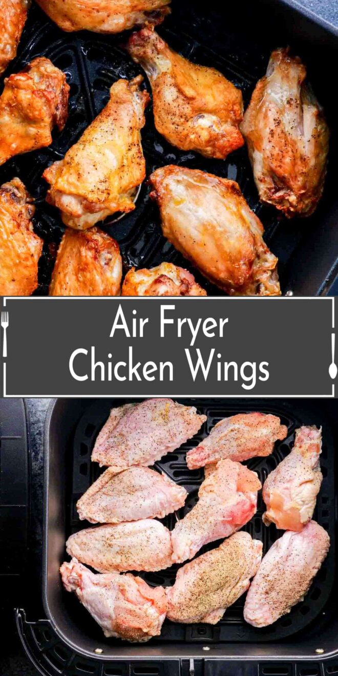 pinterest image of Air fryer chicken wings with in air fryer basket