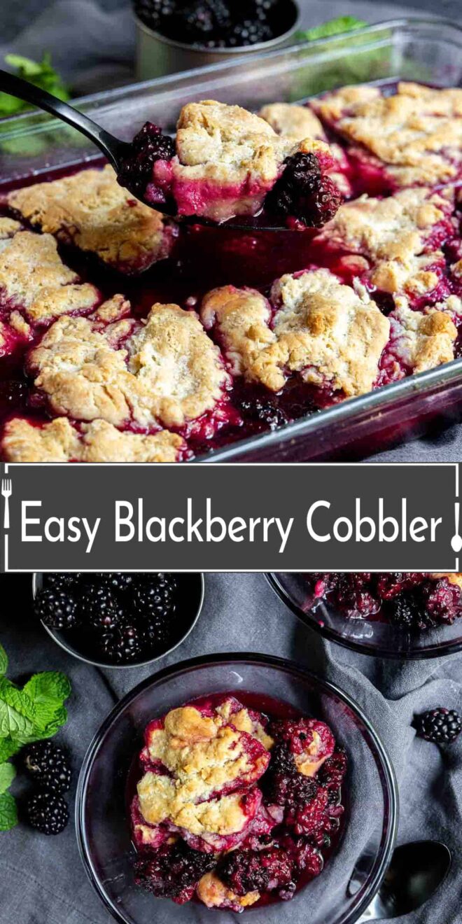 pinterest image of easy blackberry cobbler being serve