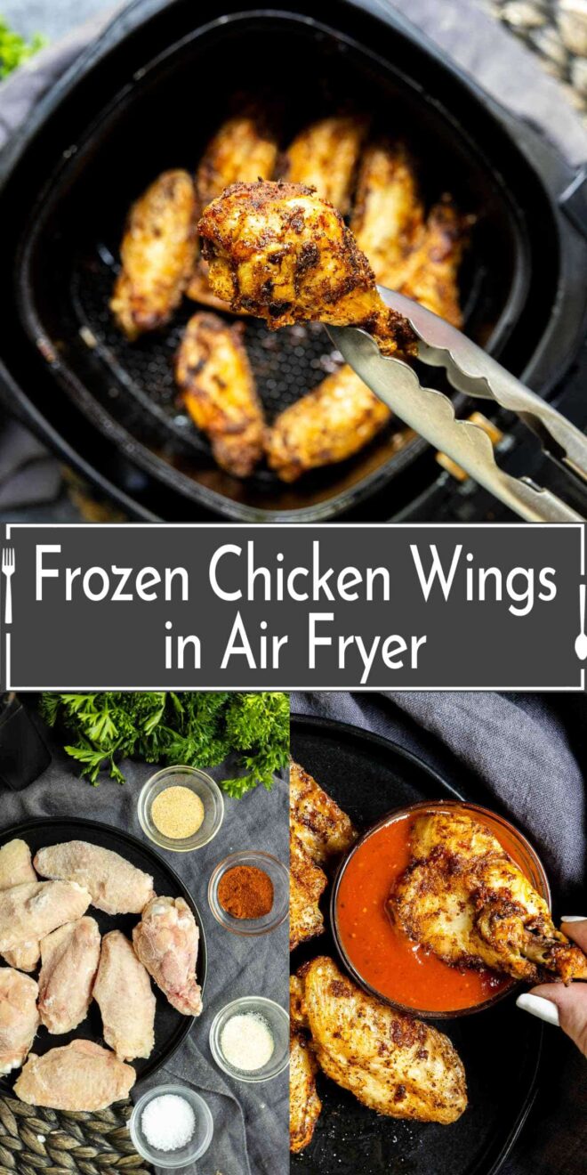 pinterest image of Frozen Chicken Wings in the Air Fryer and dipping sauce