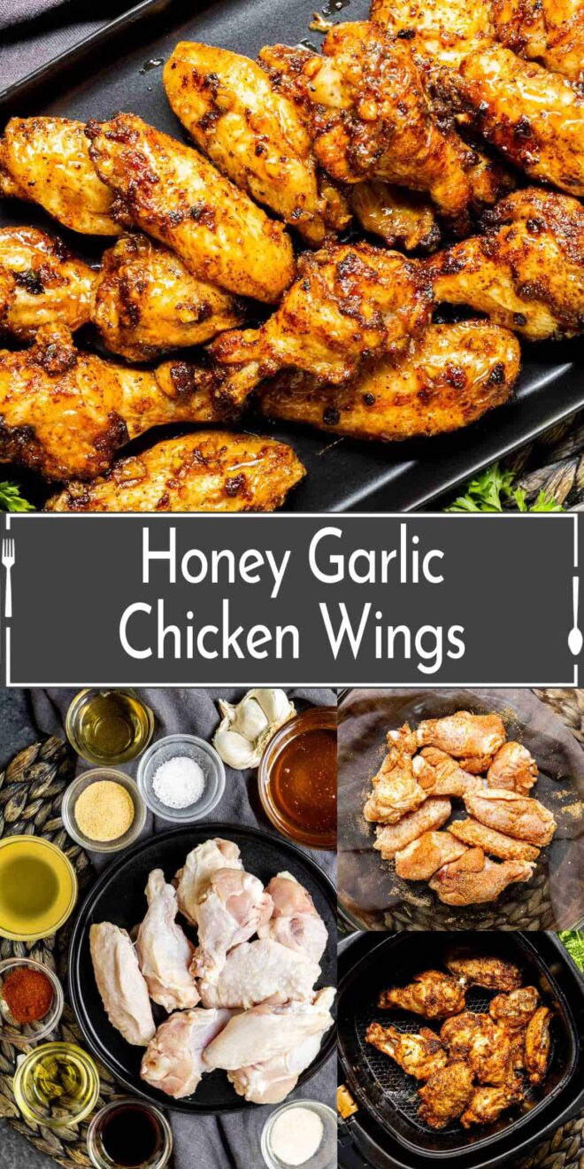 pinterest image of Honey garlic chicken wings and ingredients.