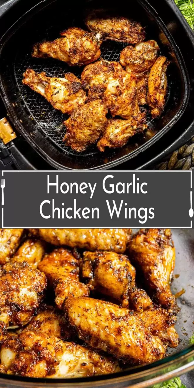 pinterest image of Honey garlic chicken wings in an air fryer.