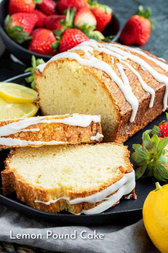 Lemon pound cake with strawberries on a plate.