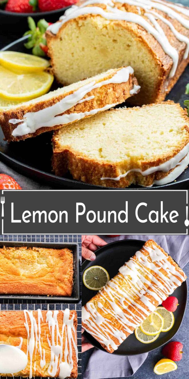 Lemon pound cake with sliced lemons and strawberries.