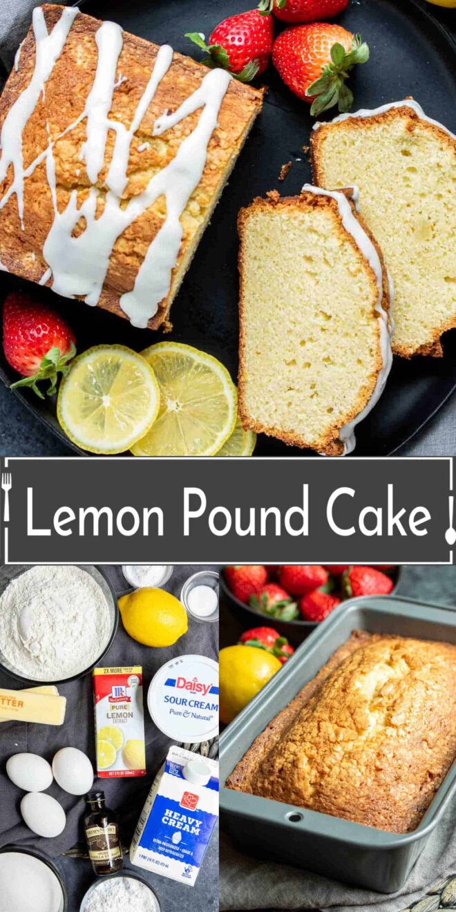 Lemon pound cake on a plate with strawberries and lemons.