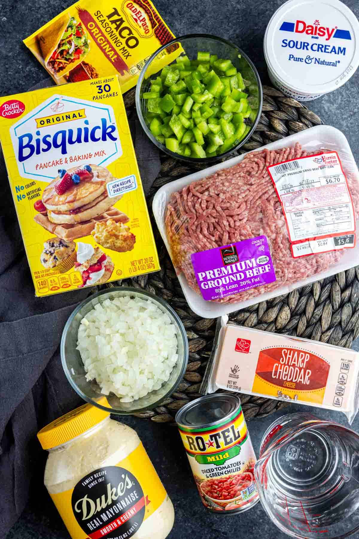 All of the ingredients for a quick and easy john wayne casserole are shown on a table.