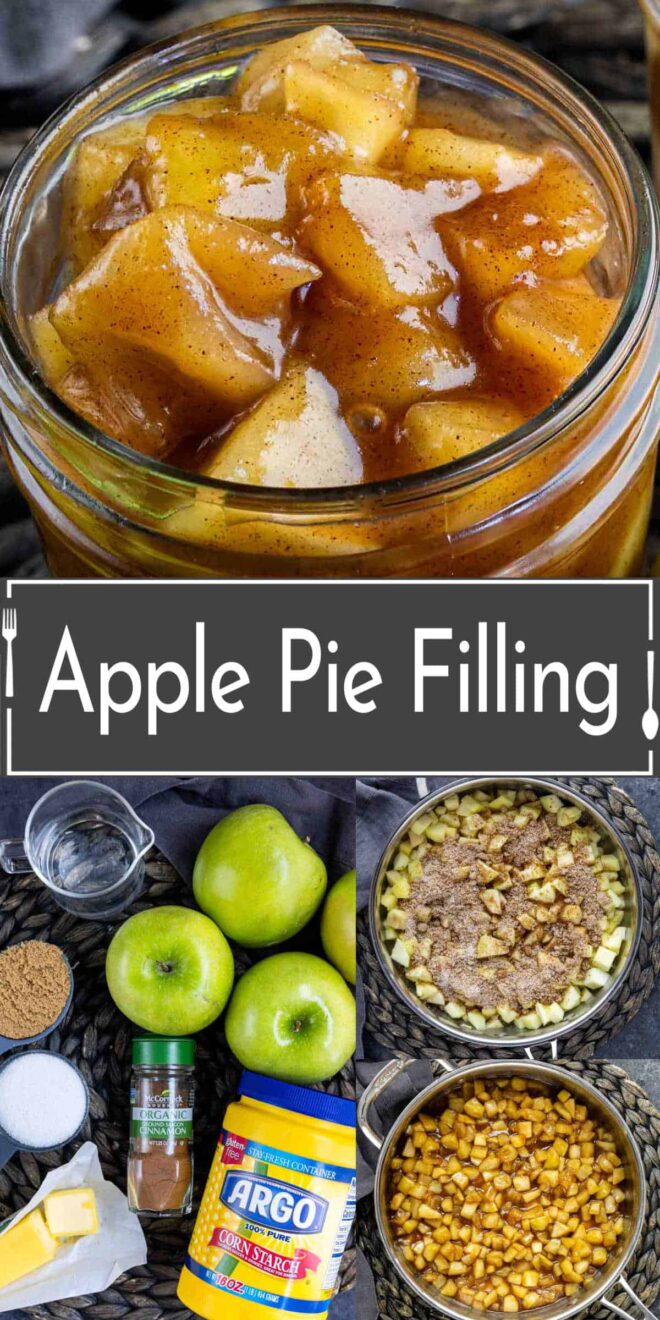 pinterest image apple pie filling ingredients and in a jar.