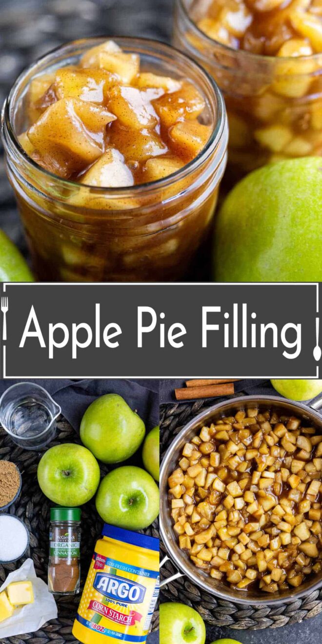 pinterest image apple pie filling ingredients and in a jar.