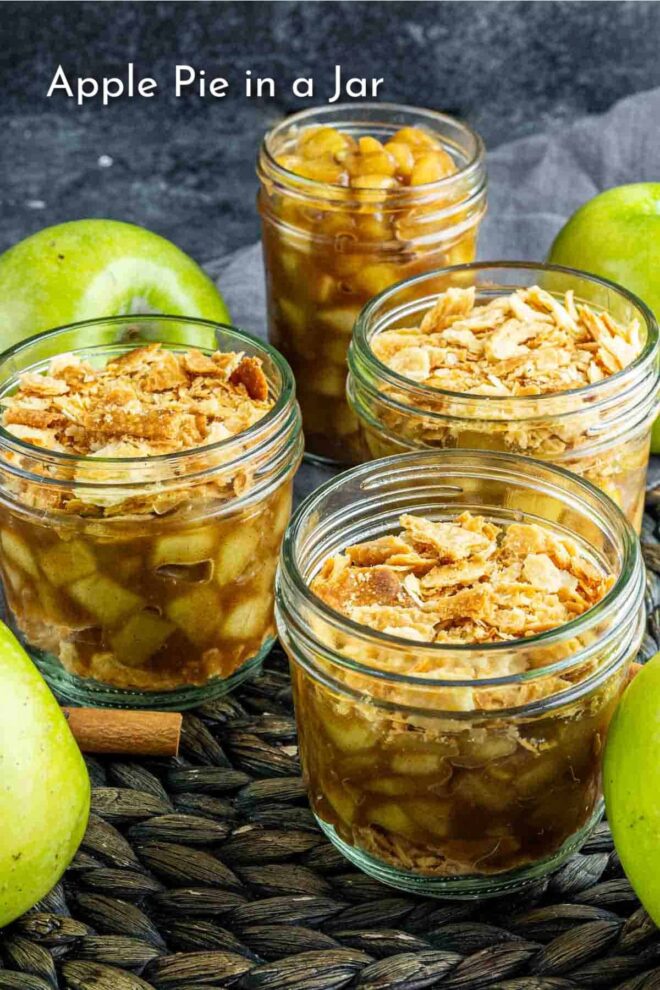 pinterest image of Apple pie in three mason jars