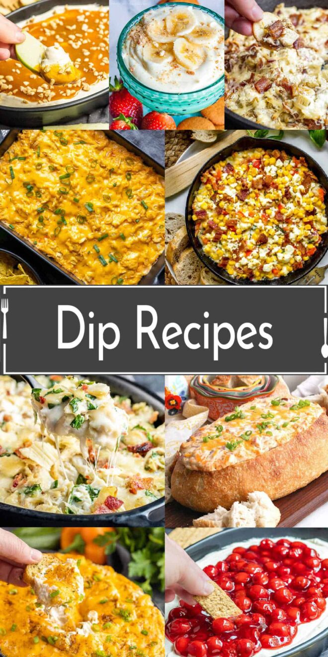 A collage of pictures of dip recipes.