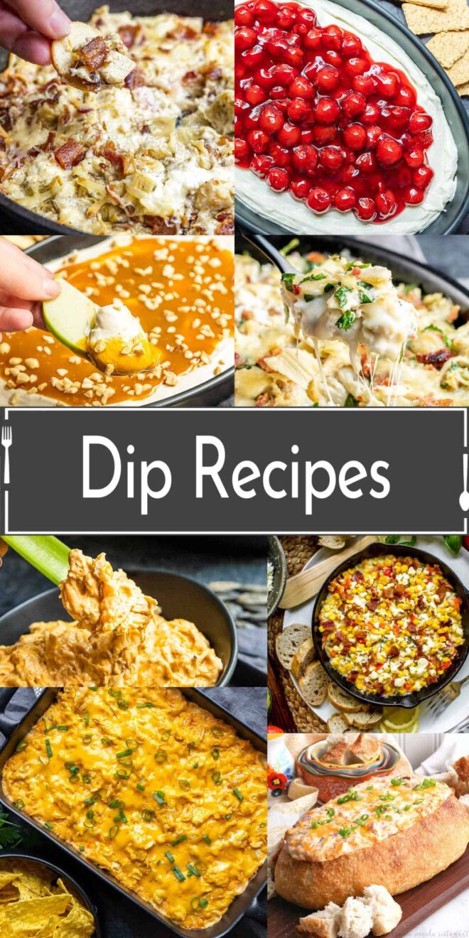 A collage of pictures of dip recipes.