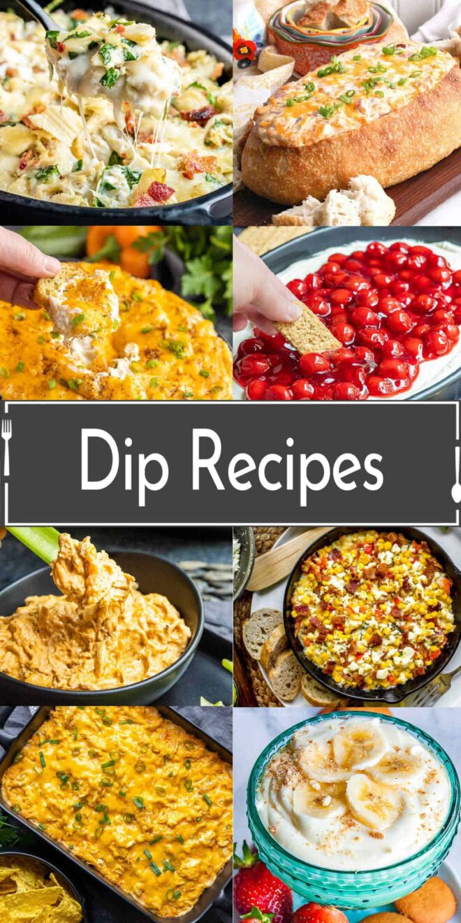 Dip recipes are shown in a collage of pictures.