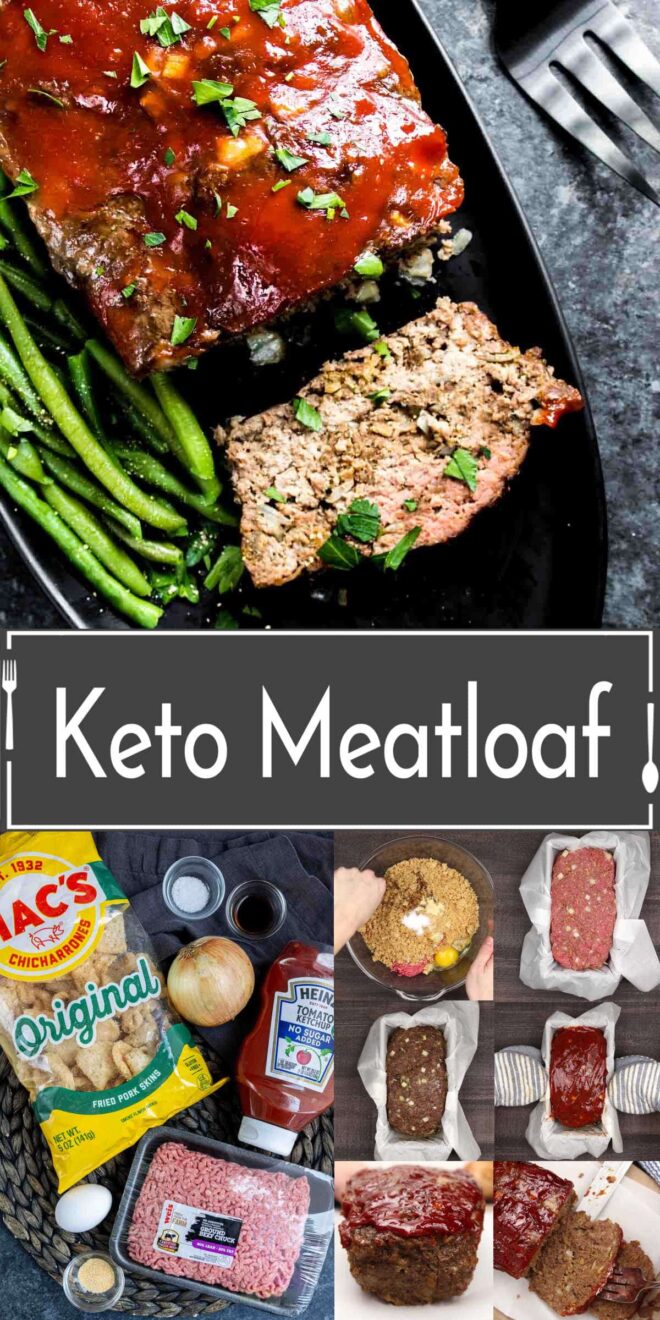 pinterest image of Keto meatloaf on a plate with green beans with ingredients