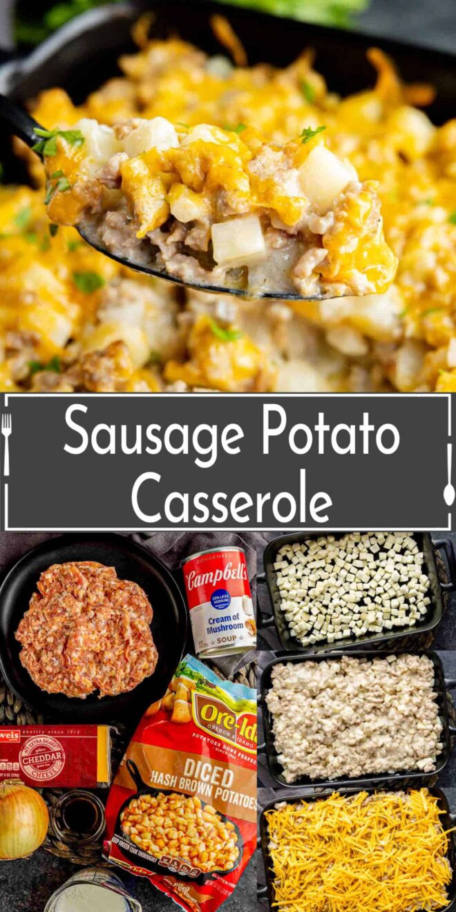 pinterest image of Sausage potato casserole in a skillet.