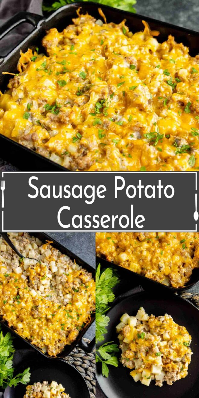 pinterest image of Sausage potato casserole in a skillet.