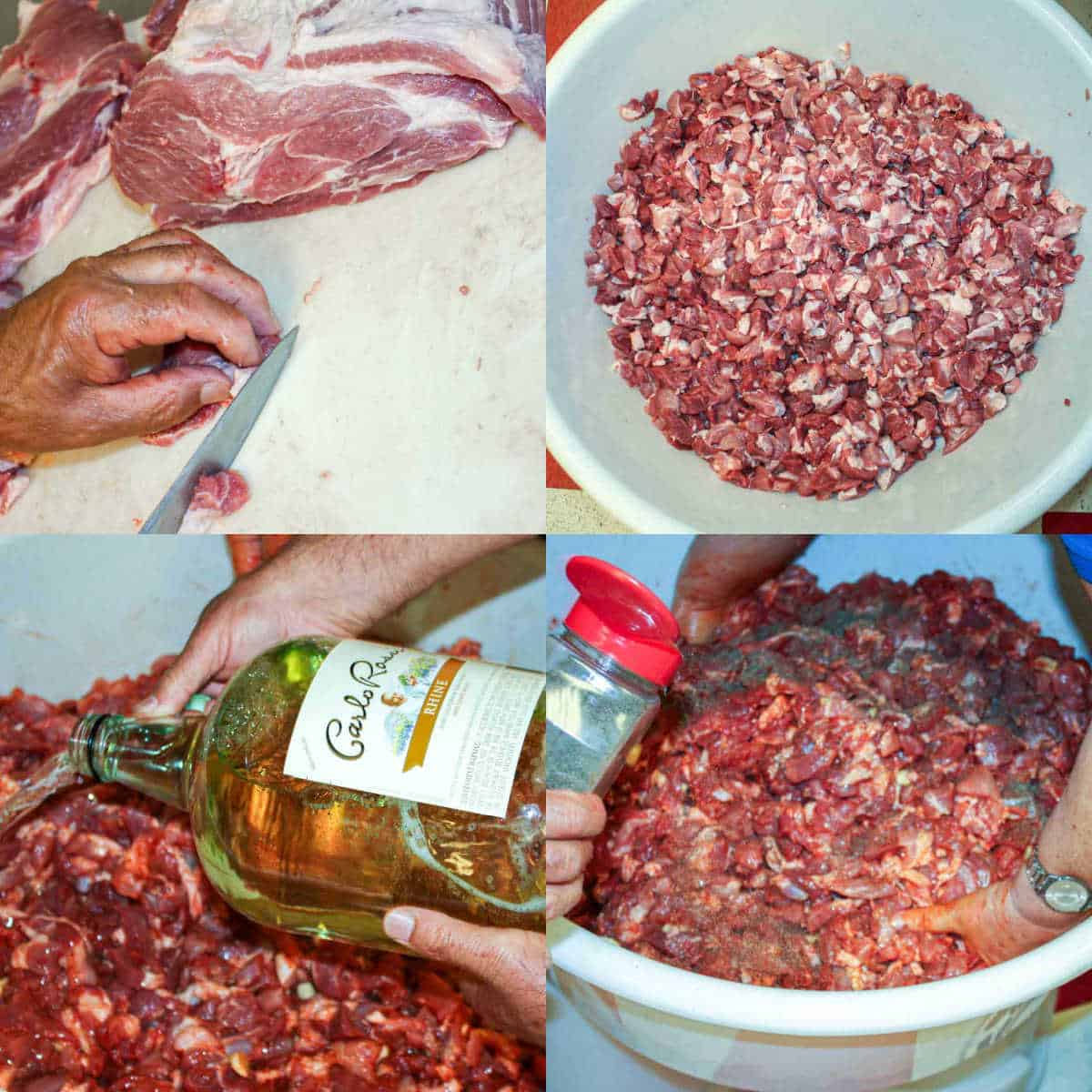 A series of photos showing the process of preparing meat for Portuguese sausage