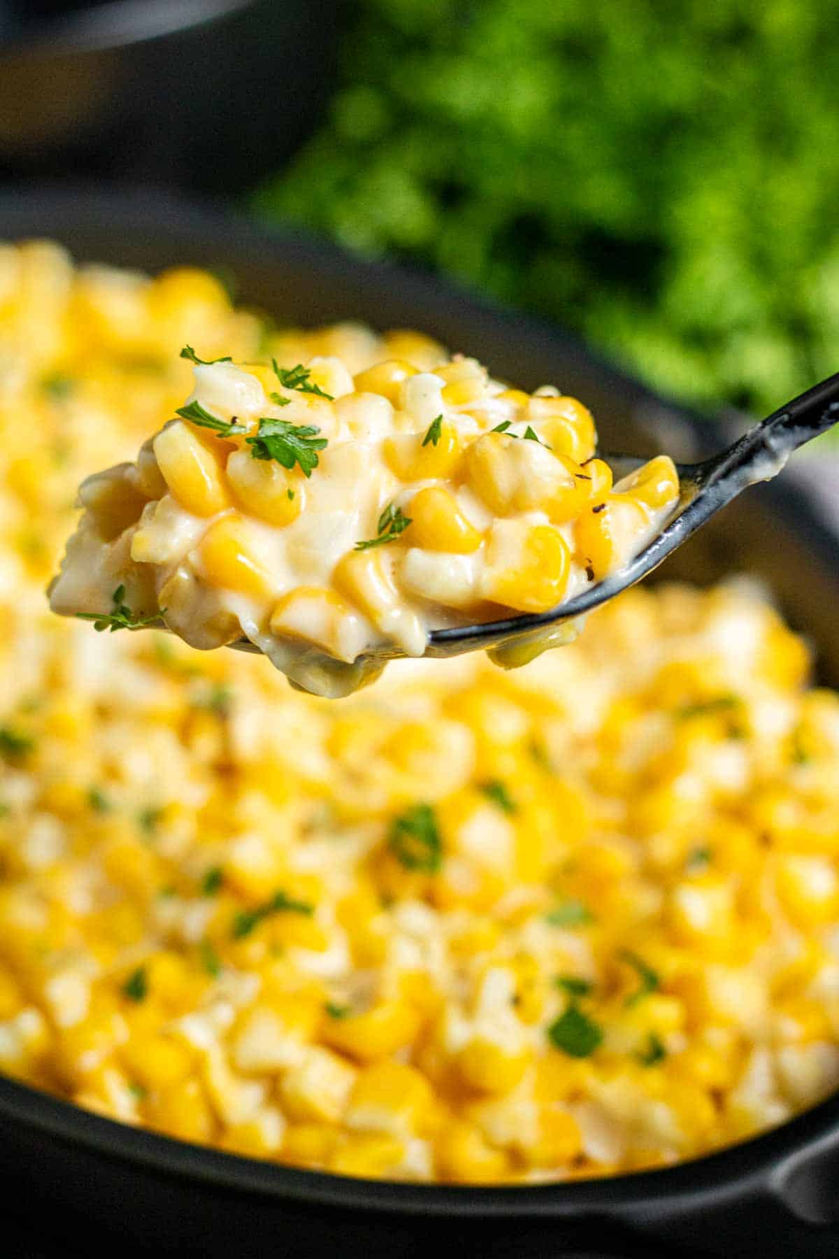 A spoonful of Creamed Corn on spoon