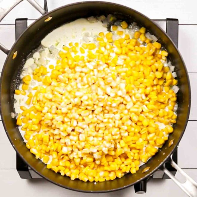 A frying pan with Creamed Corn