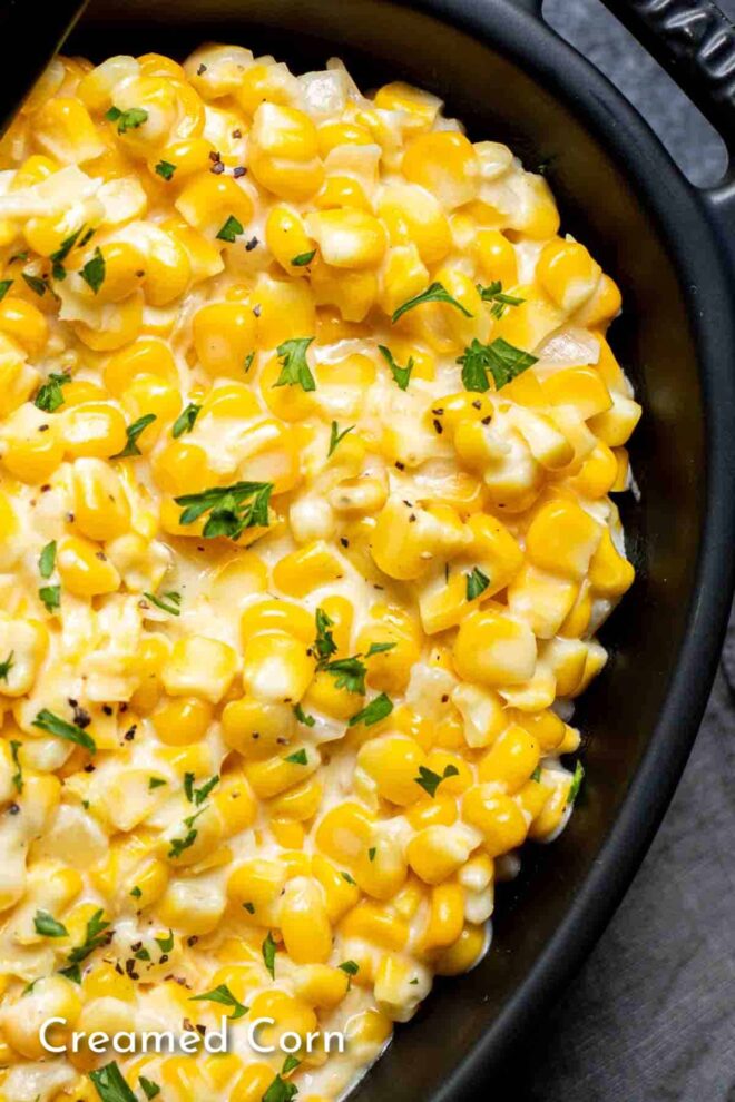 pinterest picture of Creamed Corn in a black dish