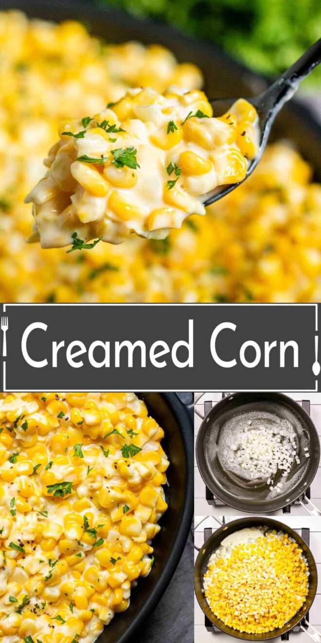 pinterest image of Creamed Corn in a black dish and how to make it