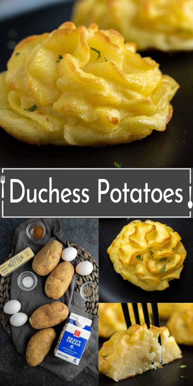 A collage of pictures of duchess potatoes.