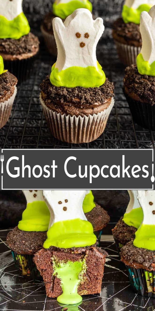 pinterest collage of pictures of ghost cupcakes.