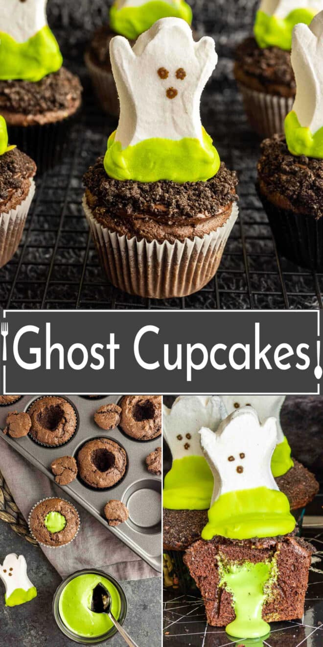 pinterest collage of pictures of ghost cupcakes.