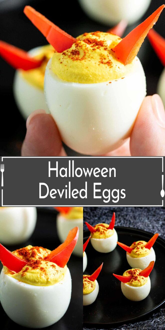 Pinterest image of hand holding Halloween deviled eggs and on a black tray.