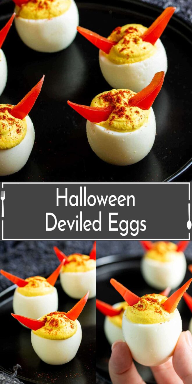 Pinterest image of Halloween deviled eggs on a black tray.