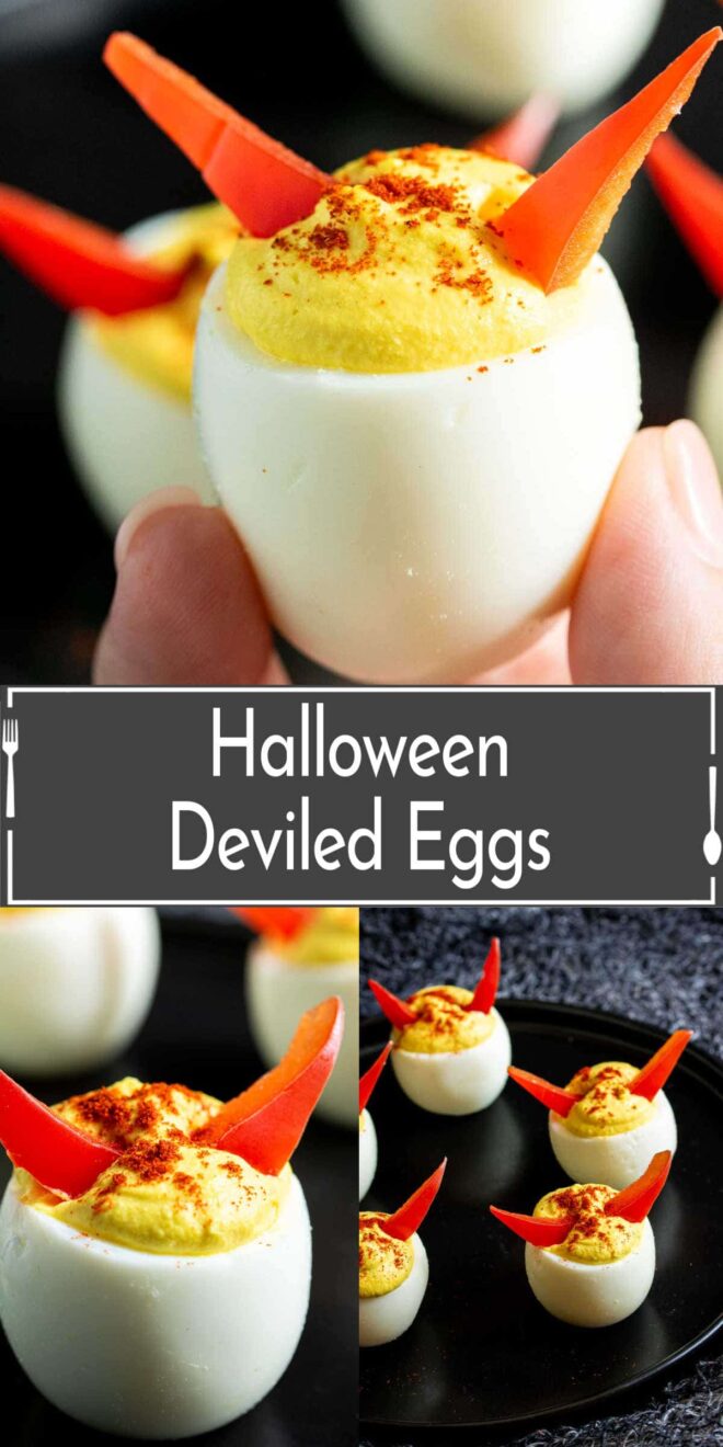 Pinterest image of Halloween deviled eggs on a black platter.