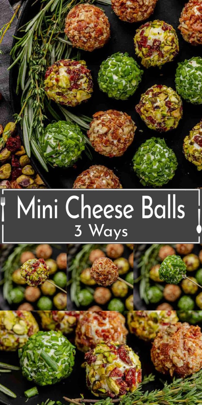 pinterest image Mini Cheeseballs 3 Ways on a black plate with sprigs of rosemary.