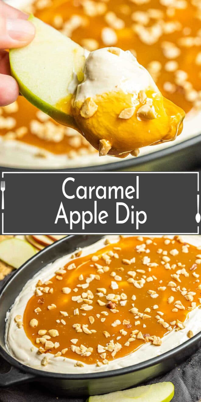 Caramel apple dip in a pan with a slice of apple.