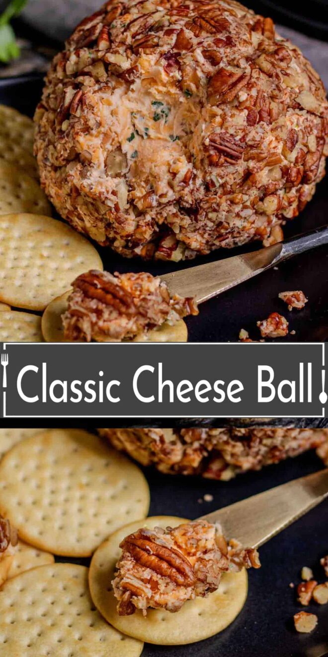 pinterest image Classic cheese ball with crackers and crackers.