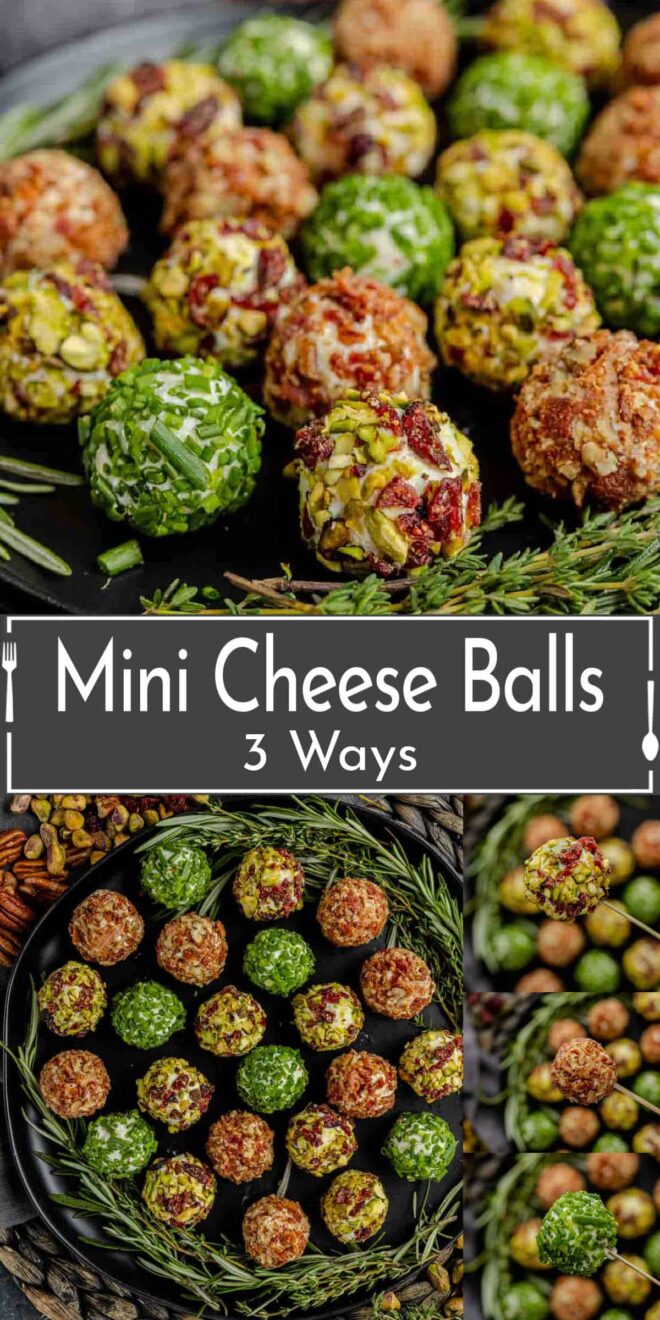pinterest image of Mini Cheeseballs 3 Ways on a black plate with the text mini cheese balls 3 ways.