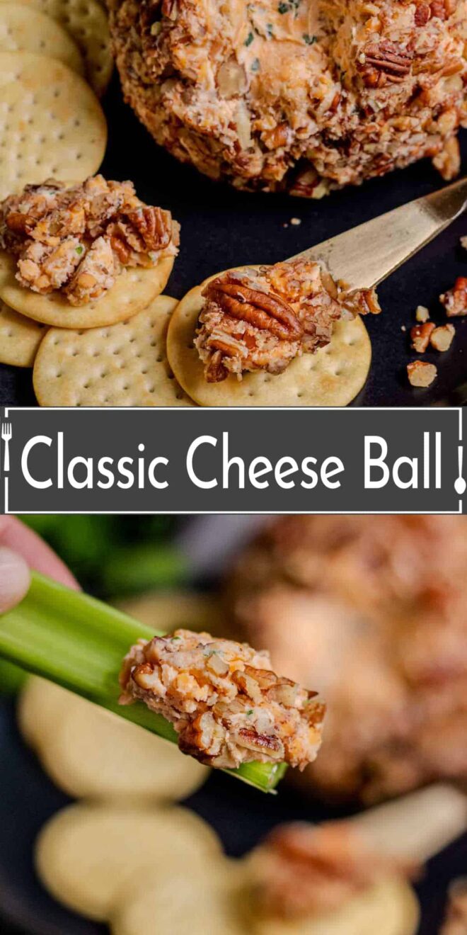 pinterest image of Classic cheese ball with crackers on a plate.